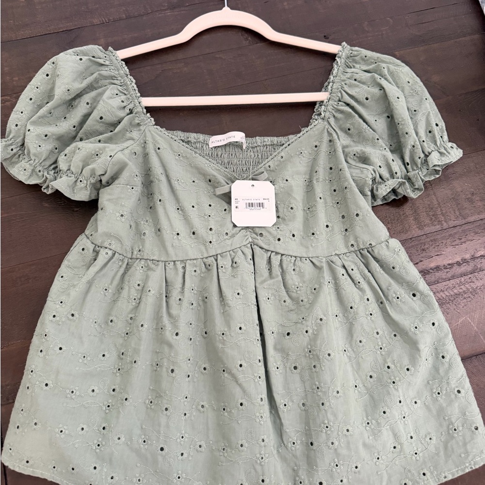 Altar’d State Eyelet Puff-Sleeve Peplum Top